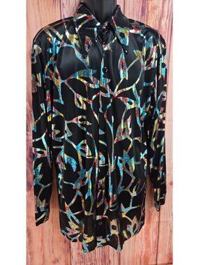 Charades Mens Metallic Disco Shirt Adult Medium Floral Black Long Sleeve